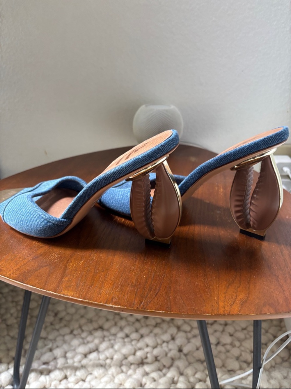 Aquazzura Denim Blue Slip-On Mules with Sculpted Brown Shell Heels